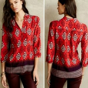 Maeve Athropologie Red Purple Button Front Tunic Top Boho Tribal Aztec Size 4